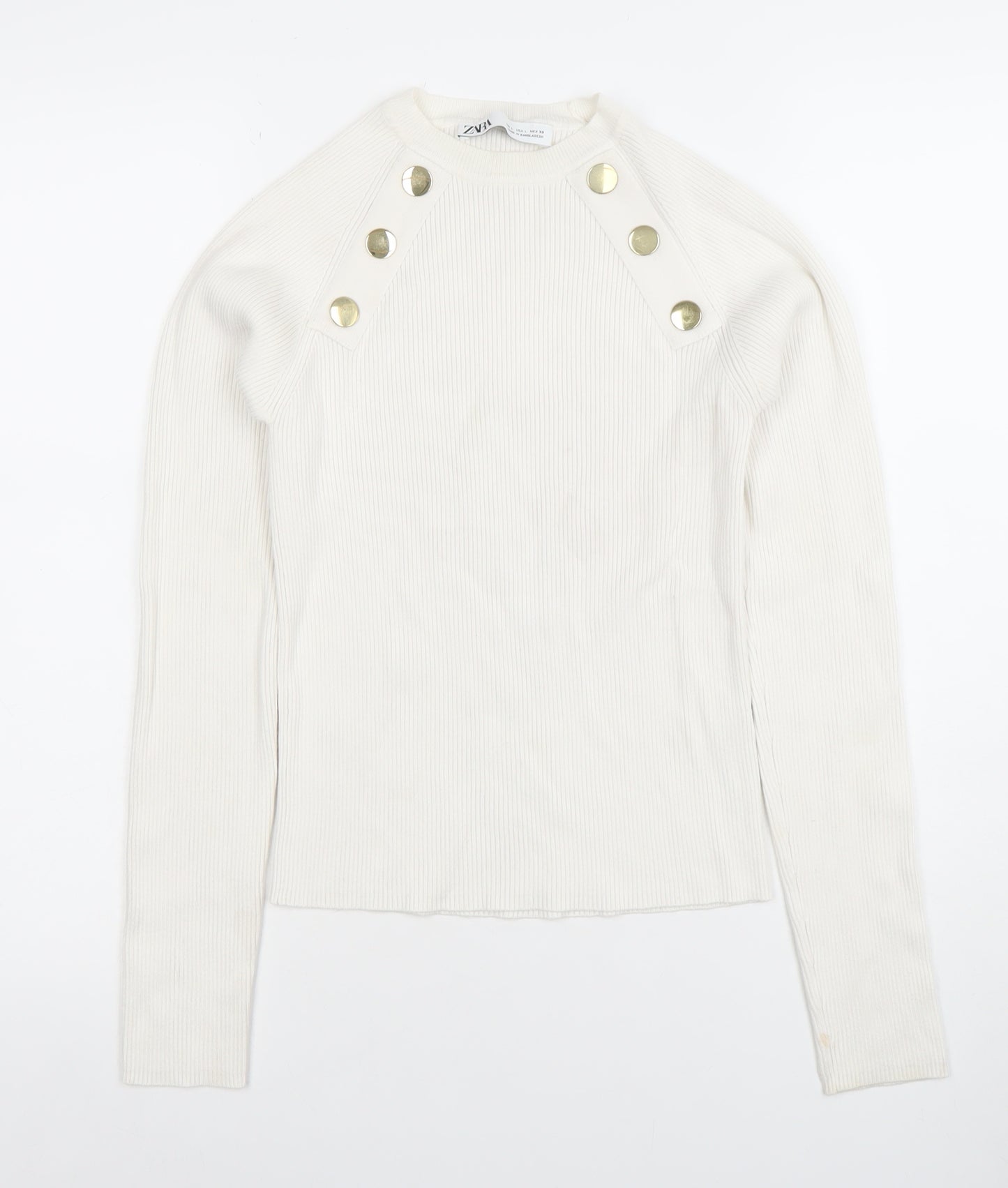 ZARA Women Ivory Long Sleeve Ribbed Button Knit Top Size L