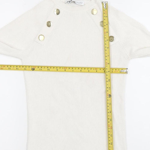 ZARA Women Ivory Long Sleeve Ribbed Button Knit Top Size L