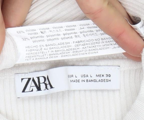 ZARA Women Ivory Long Sleeve Ribbed Button Knit Top Size L