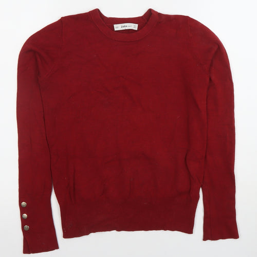 Zara Women Red Knit Crew Neck Long Sleeve Button Trim Top Size 8