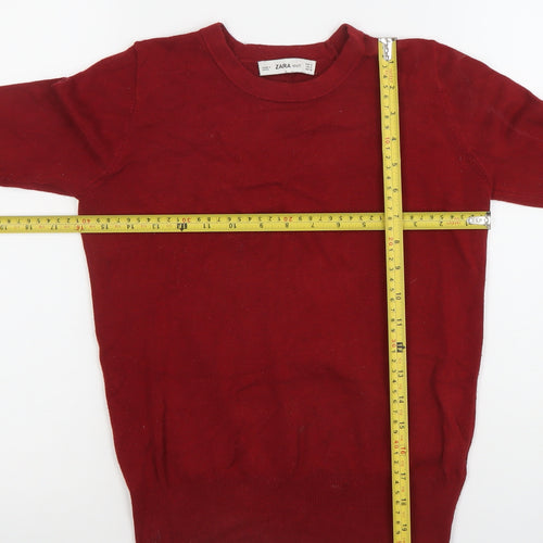 Zara Women Red Knit Crew Neck Long Sleeve Button Trim Top Size 8