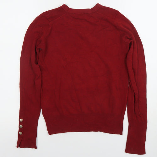 Zara Women Red Knit Crew Neck Long Sleeve Button Trim Top Size 8