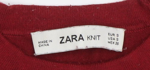 Zara Women Red Knit Crew Neck Long Sleeve Button Trim Top Size 8