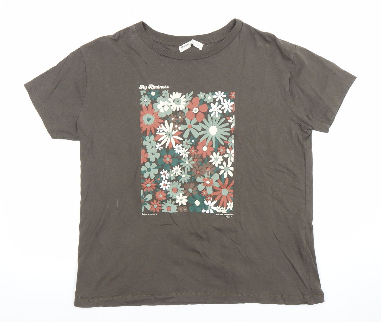 Pull & Bear Women's Brown Floral Print Cotton T-Shirt Size M