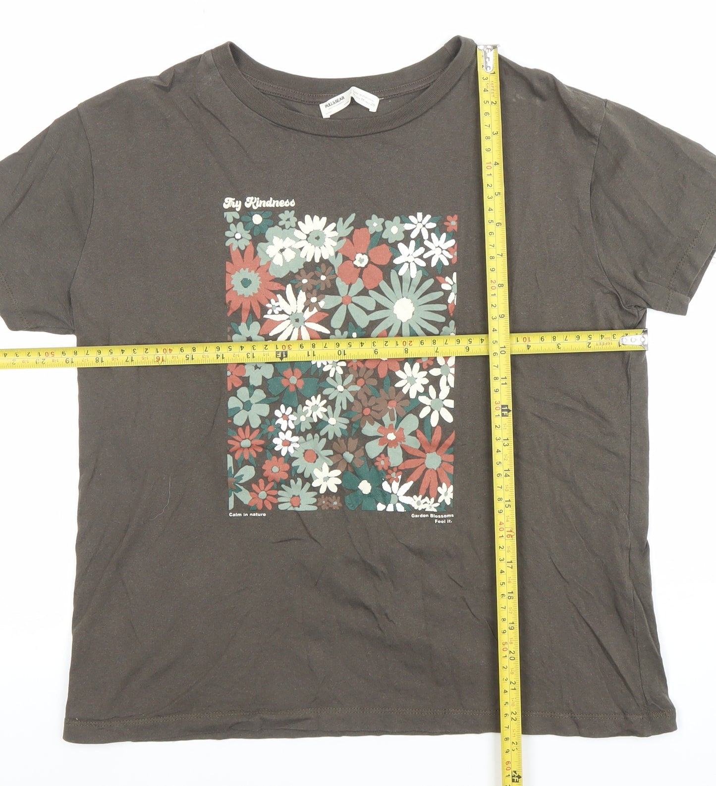 Pull & Bear Women's Brown Floral Print Cotton T-Shirt Size M