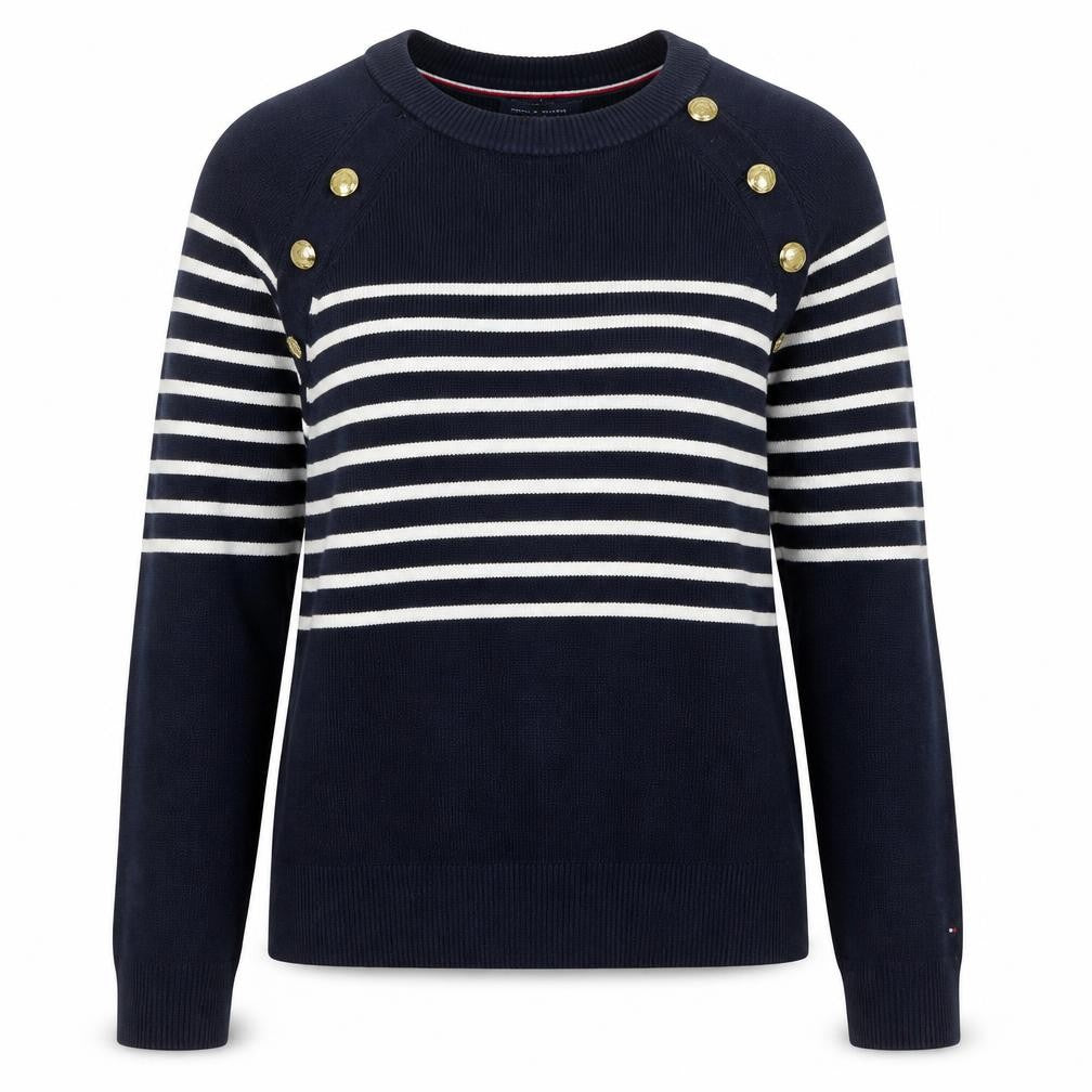 Front view of Tommy Hilfiger Women's Blue Striped Cotton Jumper, size S