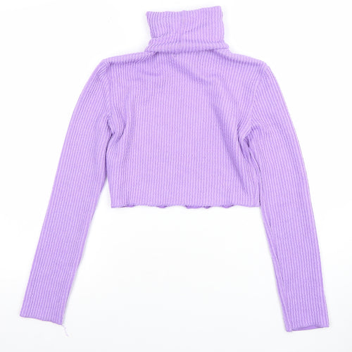 Bershka Women’s Purple Roll Neck Cropped Ribbed Knit Jumper Size S