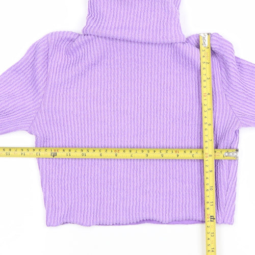 Bershka Women’s Purple Roll Neck Cropped Ribbed Knit Jumper Size S