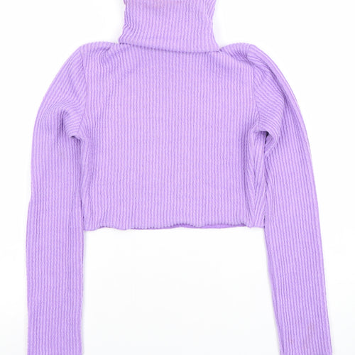 Bershka Women’s Purple Roll Neck Cropped Ribbed Knit Jumper Size S