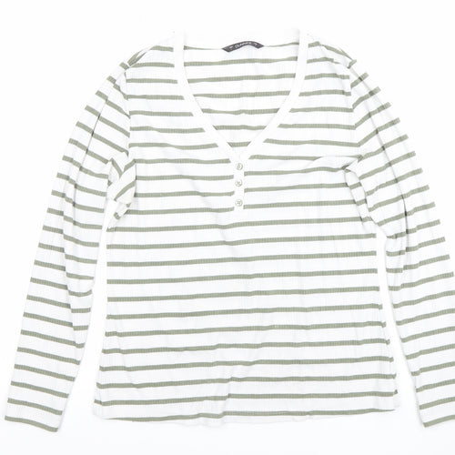Dunnes Women’s White Green Striped Long Sleeve V-Neck T-Shirt L