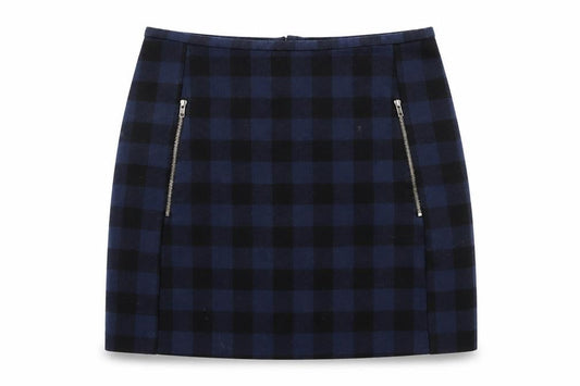 Front view of New Look Women’s Blue Check Short Stretch Pencil Skirt, size UK 8