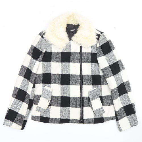 Missguided Women’s Black & White Checked Faux Fur Collar Wool Blend Jacket Size 10