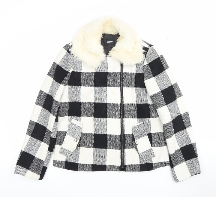 Missguided Women’s Black & White Checked Faux Fur Collar Wool Blend Jacket Size 10