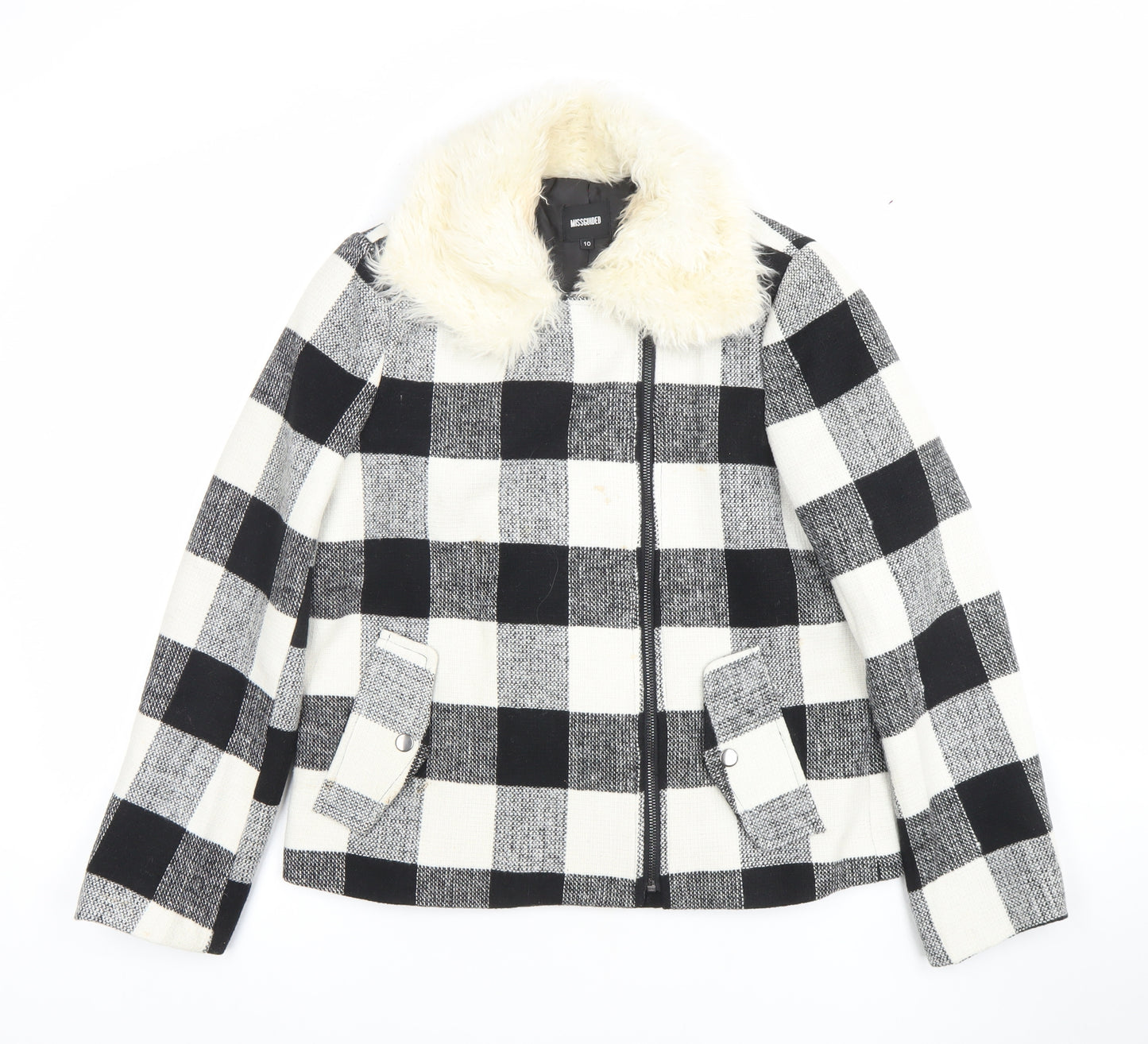 Missguided Women’s Black & White Checked Faux Fur Collar Wool Blend Jacket Size 10