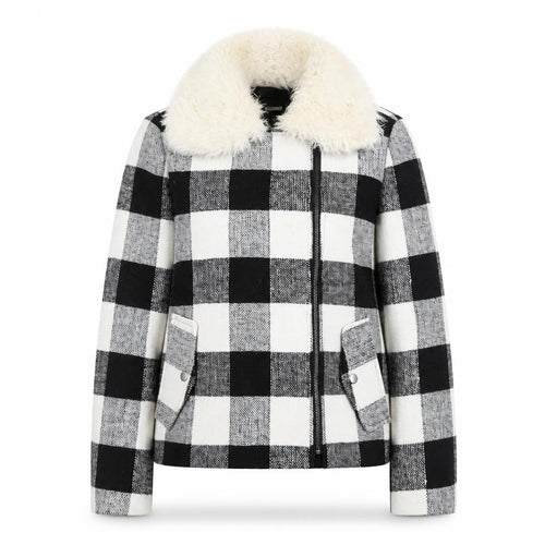 Missguided Women’s Black & White Checked Faux Fur Collar Wool Blend Jacket Size 10