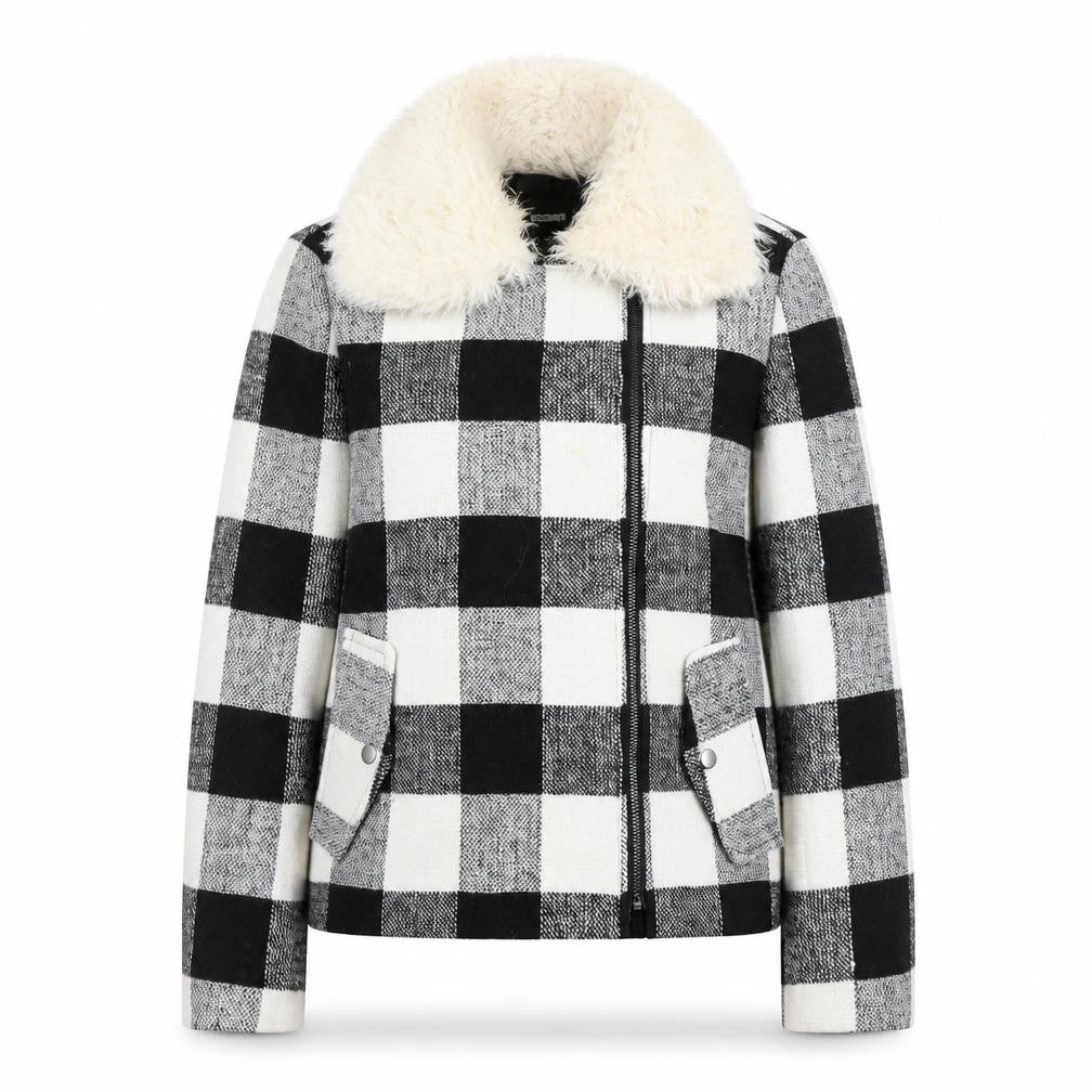 Missguided Women’s Black & White Checked Faux Fur Collar Wool Blend Jacket Size 10