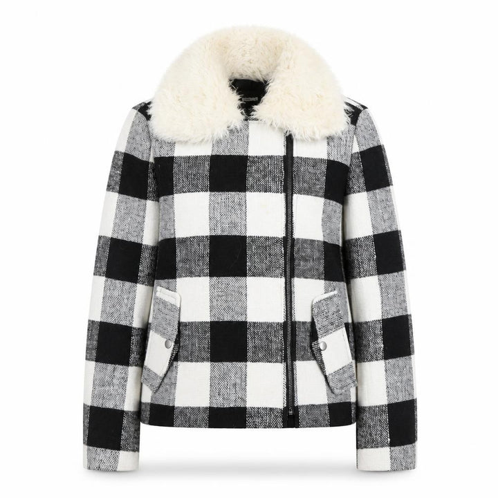 Missguided Women’s Black & White Checked Faux Fur Collar Wool Blend Jacket Size 10