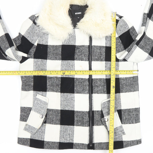 Missguided Women’s Black & White Checked Faux Fur Collar Wool Blend Jacket Size 10