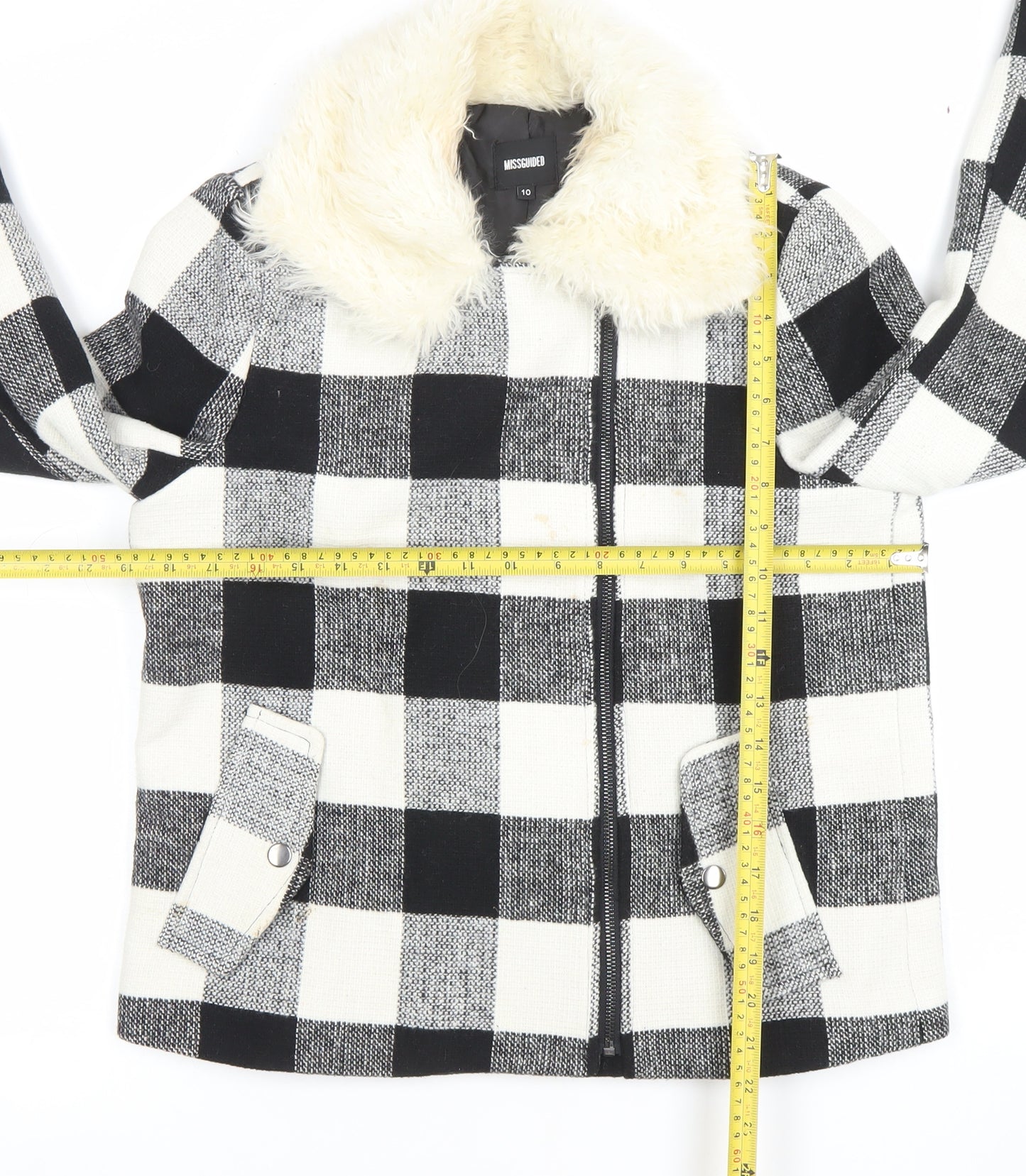 Missguided Women’s Black & White Checked Faux Fur Collar Wool Blend Jacket Size 10