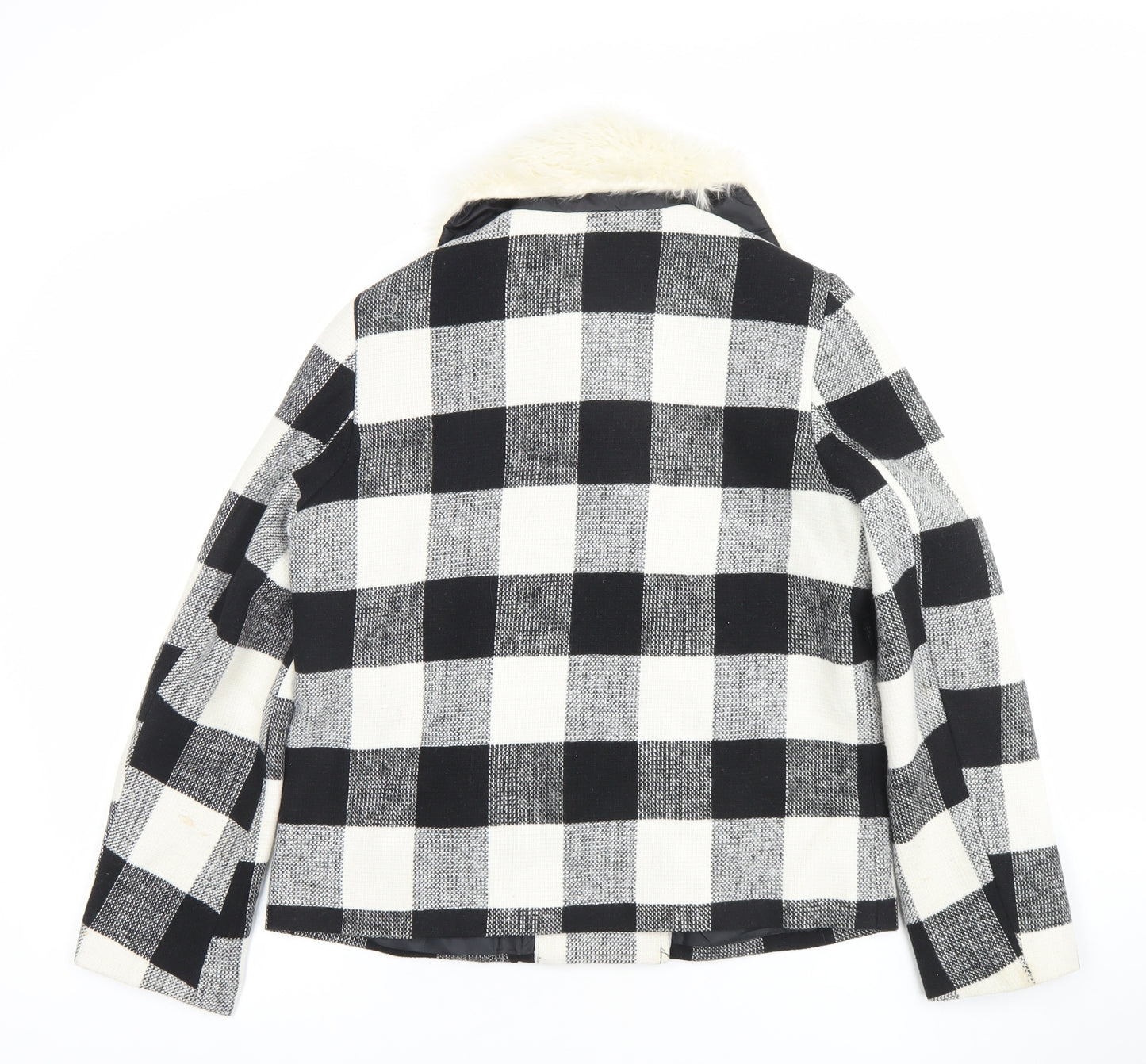 Missguided Women’s Black & White Checked Faux Fur Collar Wool Blend Jacket Size 10