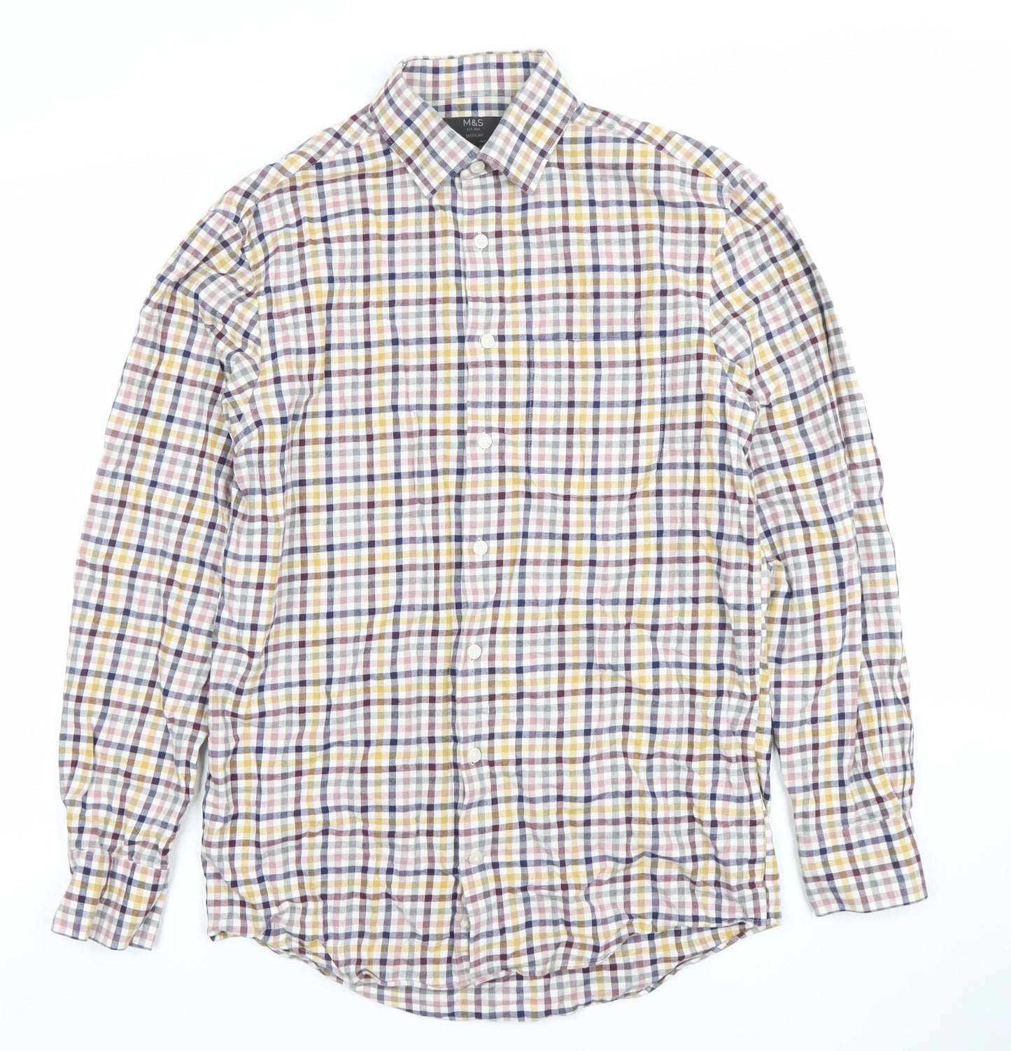 Marks and Spencer Men's Multicoloured Check Cotton Shirt 14.5in Regular Fit