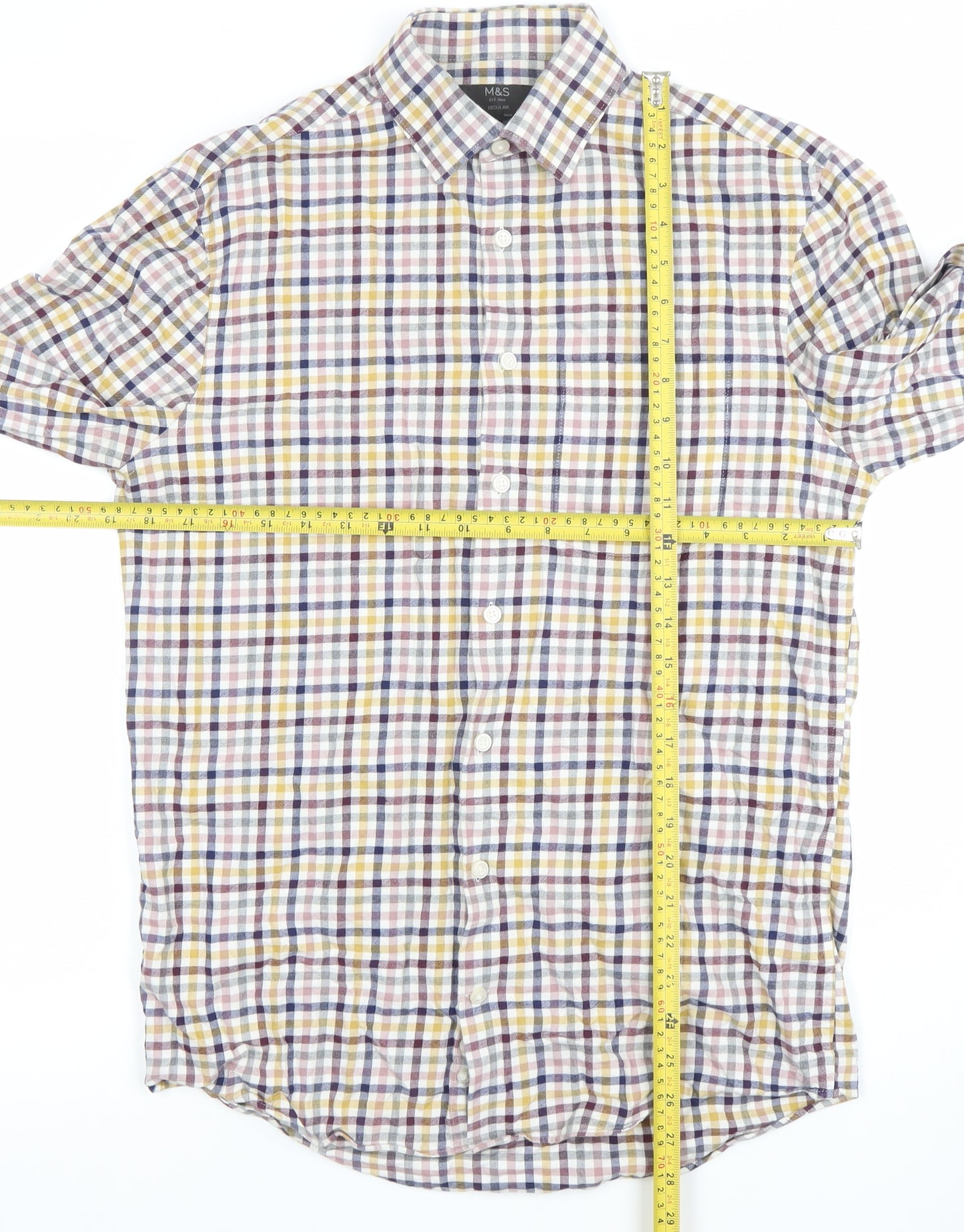Marks and Spencer Men's Multicoloured Check Cotton Shirt 14.5in Regular Fit