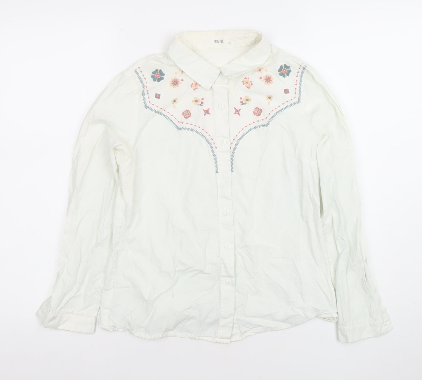 SLLSKY Womens White Embroidered Cotton Button-Up Shirt XS