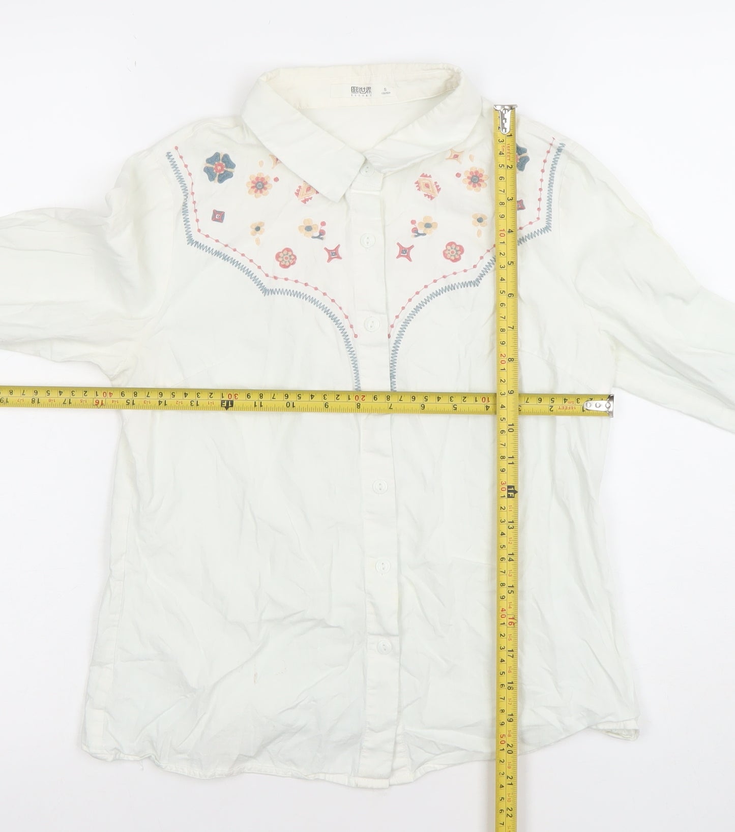 SLLSKY Womens White Embroidered Cotton Button-Up Shirt XS