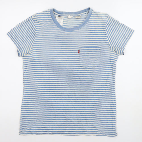 Levi's Women Blue Striped Cotton Crew Neck Short Sleeve T-Shirt S