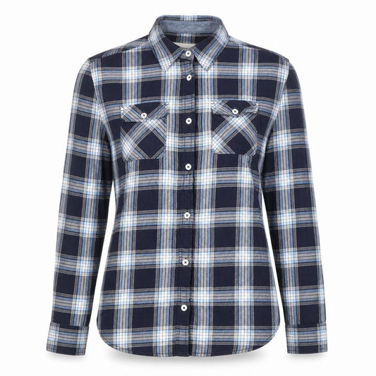 Front view of SoulCal women’s blue plaid button-up long sleeve shirt, size UK 8