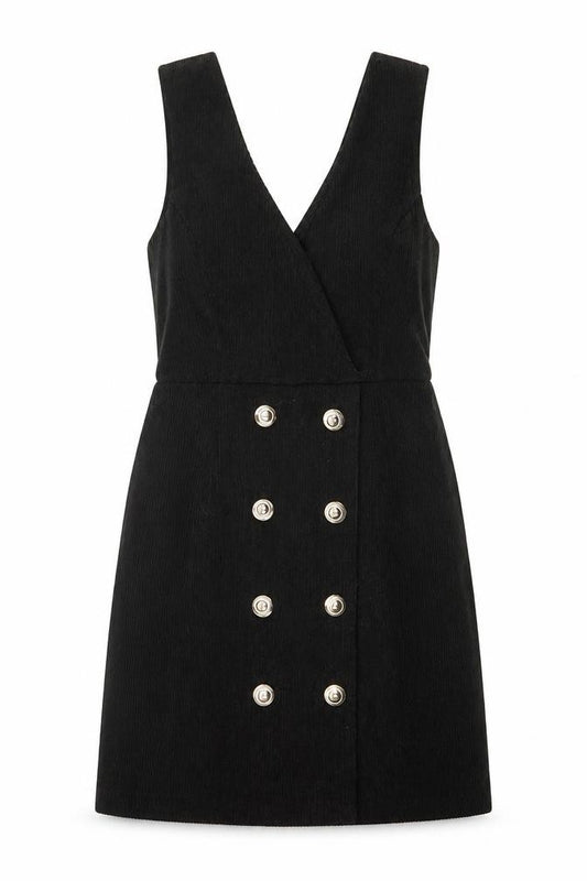 Front view of SHEIN Women’s Black Corduroy Pinafore Dress XS Sleeveless Button