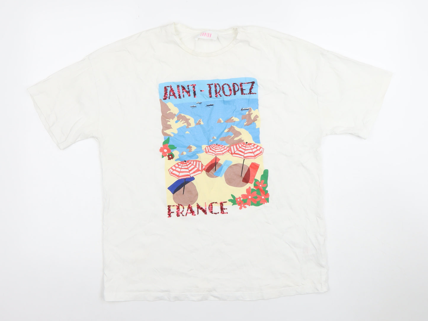 Savida Women's White Graphic Saint-Tropez T-Shirt Small