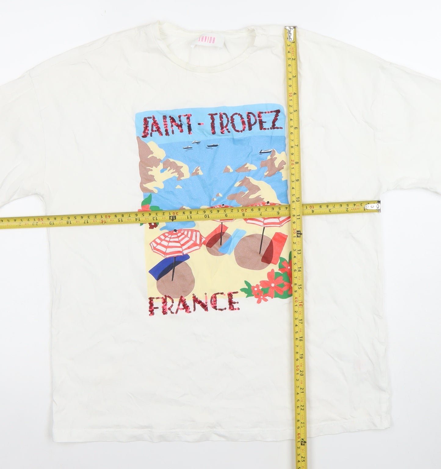 Savida Women's White Graphic Saint-Tropez T-Shirt Small