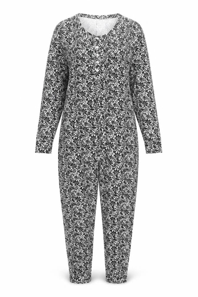 Front view of ProClimate Women's Black Floral Jersey One Piece Pyjama 18-20