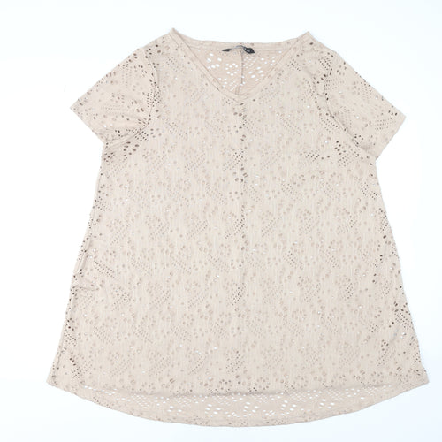 Yours Women’s Beige Plus Size 20 V-Neck Cutwork Short Sleeve T-Shirt