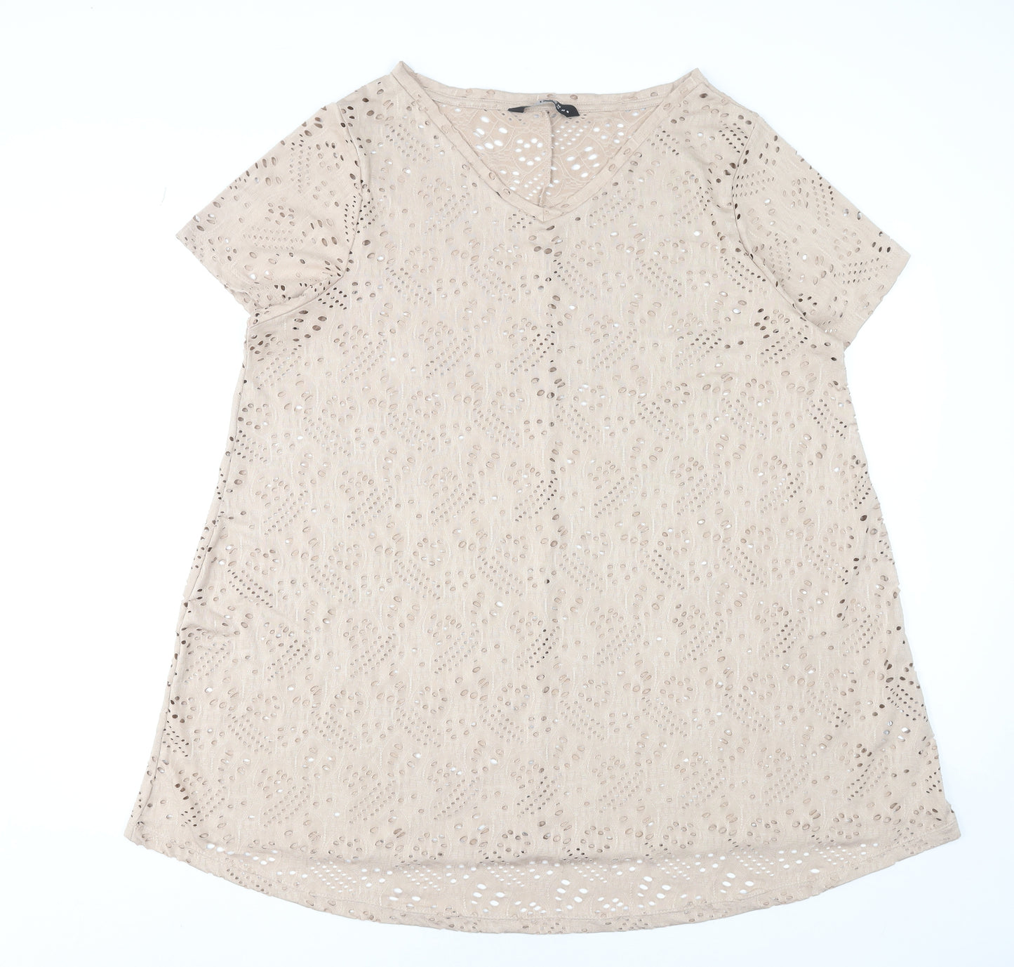 Yours Women’s Beige Plus Size 20 V-Neck Cutwork Short Sleeve T-Shirt