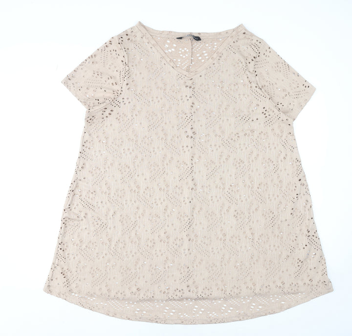 Yours Women’s Beige Plus Size 20 V-Neck Cutwork Short Sleeve T-Shirt