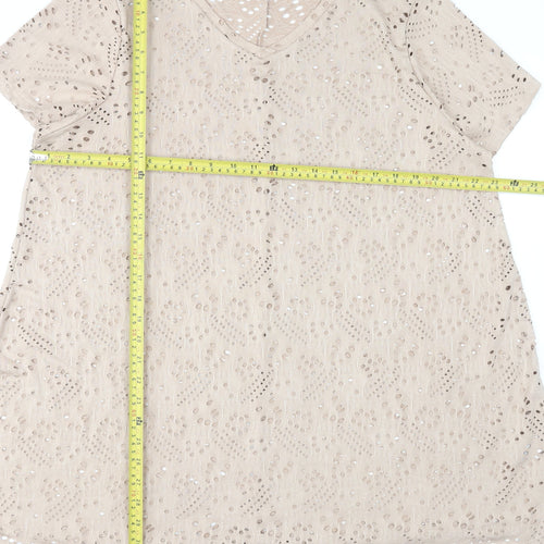Yours Women’s Beige Plus Size 20 V-Neck Cutwork Short Sleeve T-Shirt