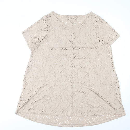 Yours Women’s Beige Plus Size 20 V-Neck Cutwork Short Sleeve T-Shirt
