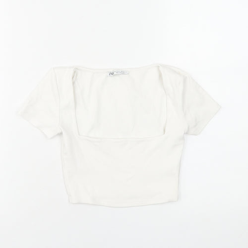Zara Women White Cropped Square Neck Short Sleeve T-Shirt S