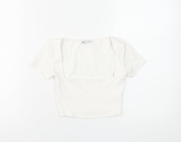 Zara Women White Cropped Square Neck Short Sleeve T-Shirt S