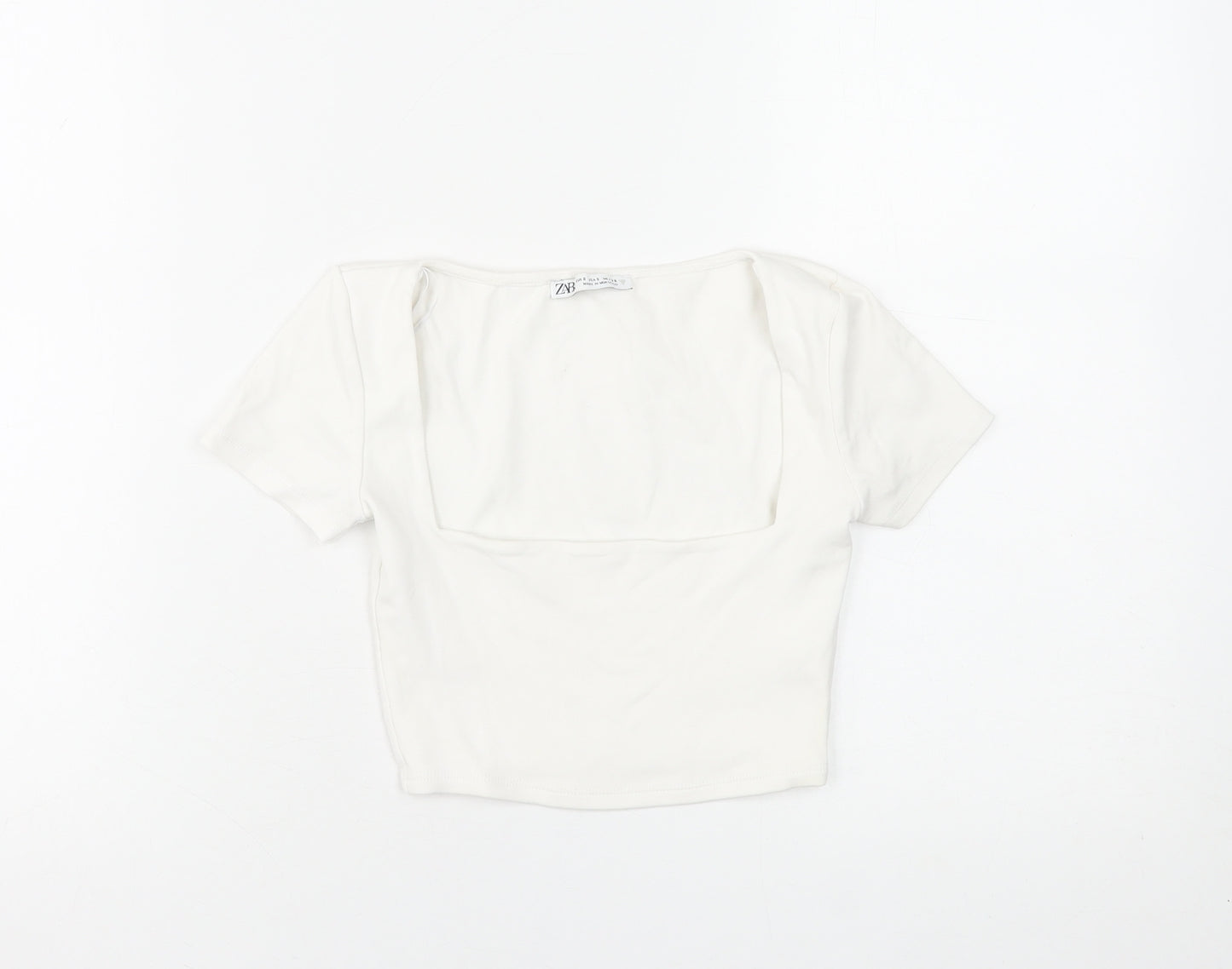 Zara Women White Cropped Square Neck Short Sleeve T-Shirt S