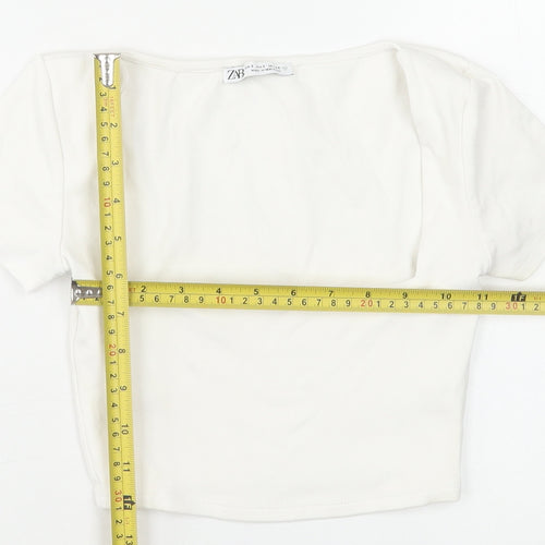 Zara Women White Cropped Square Neck Short Sleeve T-Shirt S