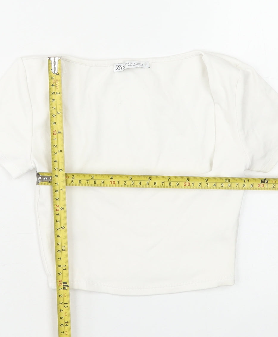 Zara Women White Cropped Square Neck Short Sleeve T-Shirt S