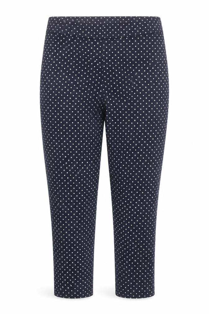 Front view of Savida Women's Navy Polka Dot Slim Trousers, size 10
