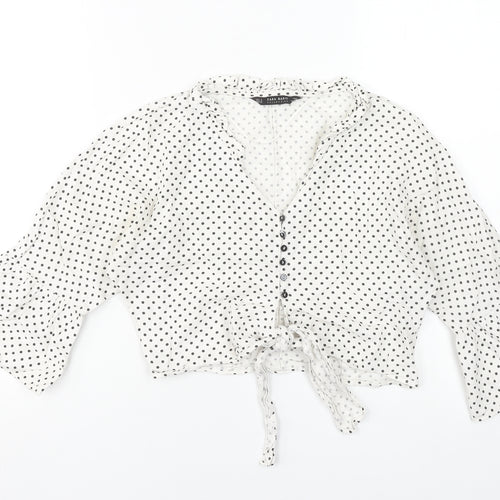 Zara Women’s White Polka Dot Cropped Blouse Size S Cotton Linen