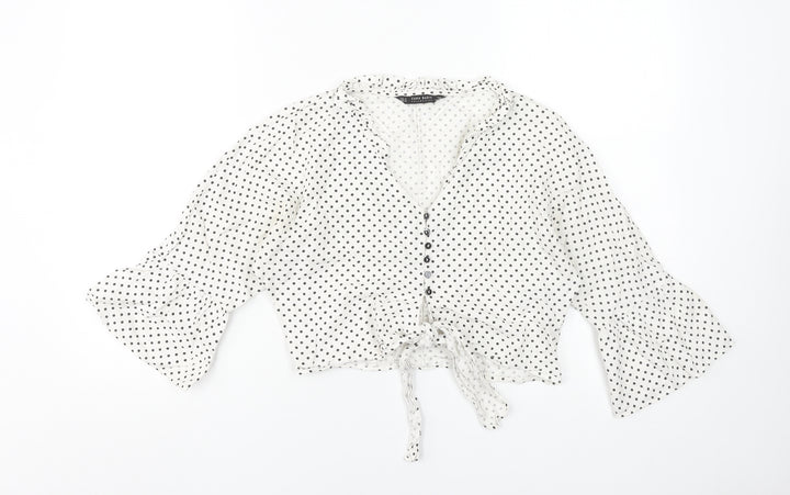 Zara Women’s White Polka Dot Cropped Blouse Size S Cotton Linen