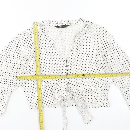 Zara Women’s White Polka Dot Cropped Blouse Size S Cotton Linen