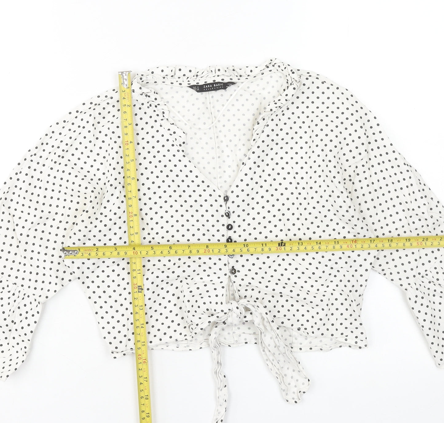 Zara Women’s White Polka Dot Cropped Blouse Size S Cotton Linen