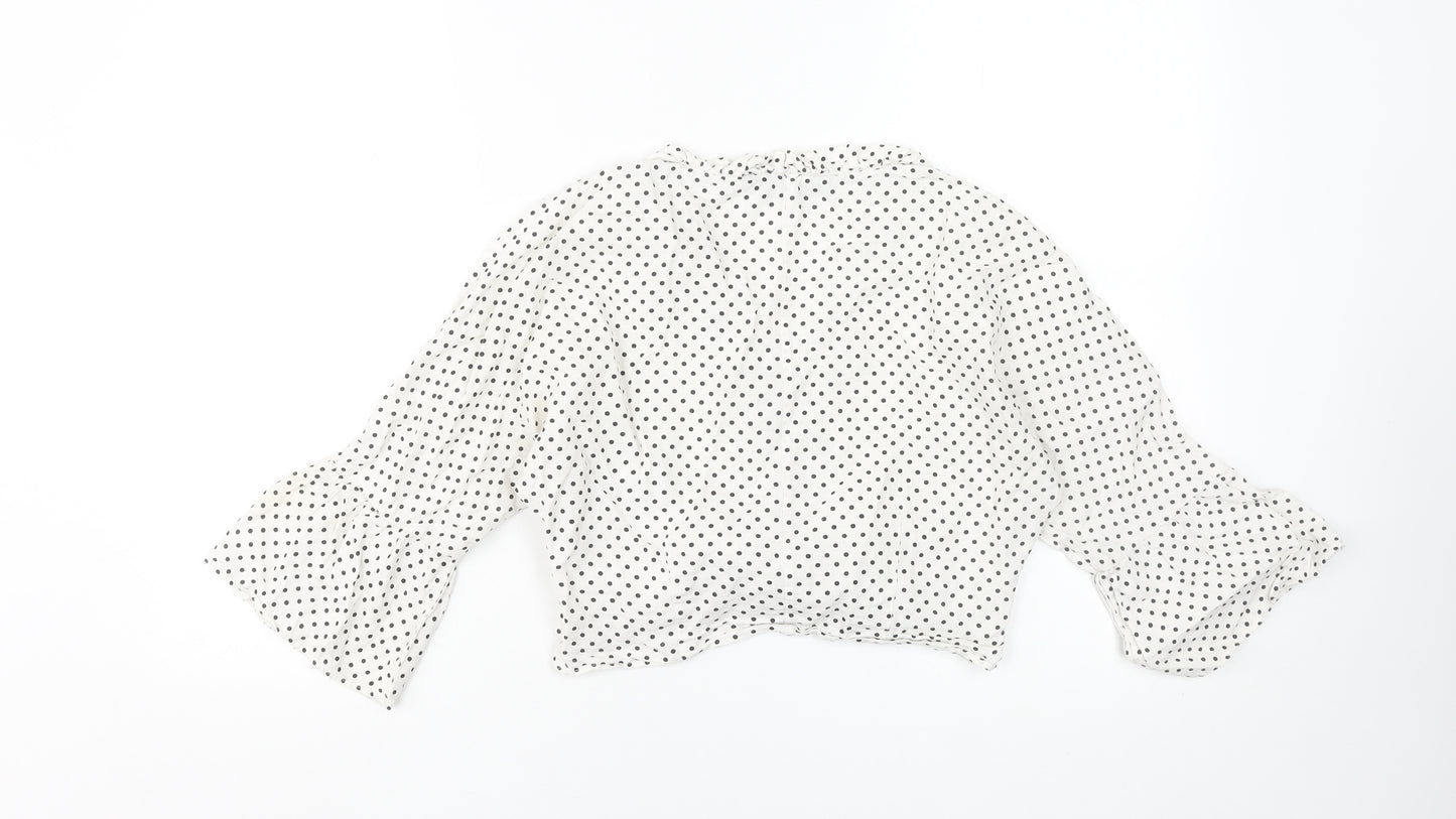 Zara Women’s White Polka Dot Cropped Blouse Size S Cotton Linen